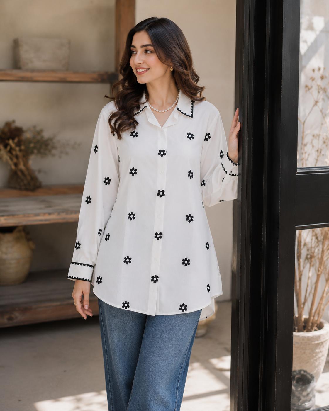 White Floral Cotton Shirt