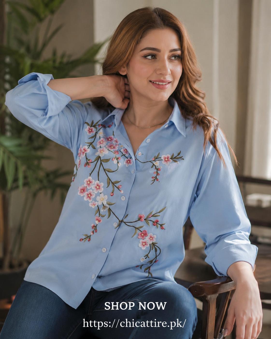 Floral Embroidered Blue Cotton Shirt