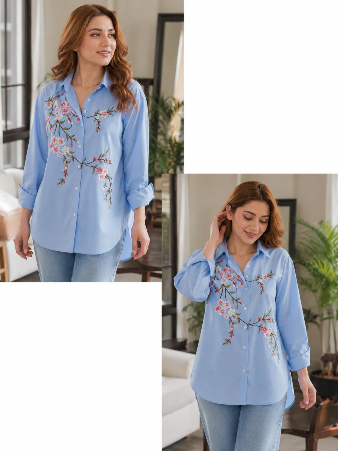 Floral Embroidered Blue Cotton Shirt